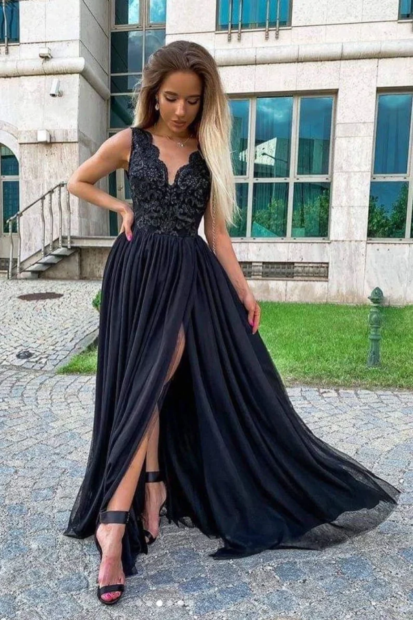 Black V Neck Chiffon Lace Long Prom Evening Dress KPP1650