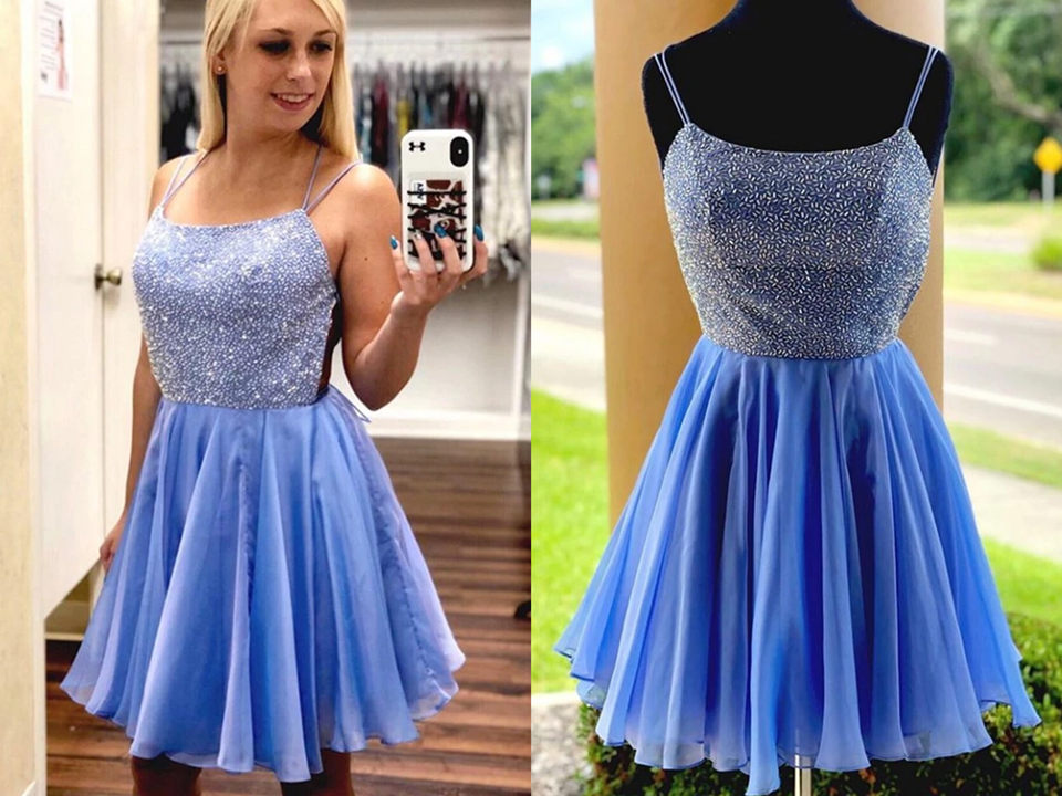 Spaghetti Straps Chiffon Homecoming Dresses with Beadings KPH0573