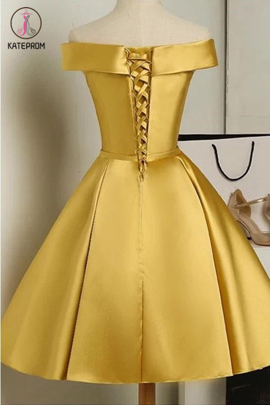 Simple Off the Shoulder Satin Short Prom Dress with Bowknot, A Line Homecoming Dress KPH0439