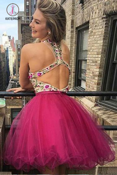 Mini Deep V Neck Sleeveless Tulle Homecoming Dress with Appliques, Short Prom Dress KPH0311