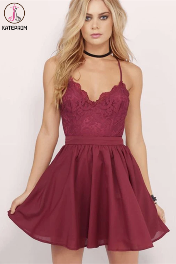 Burgundy Homecoming Dress Spaghetti Straps A-line Lace Short Prom Dress Party Dress KPH0547