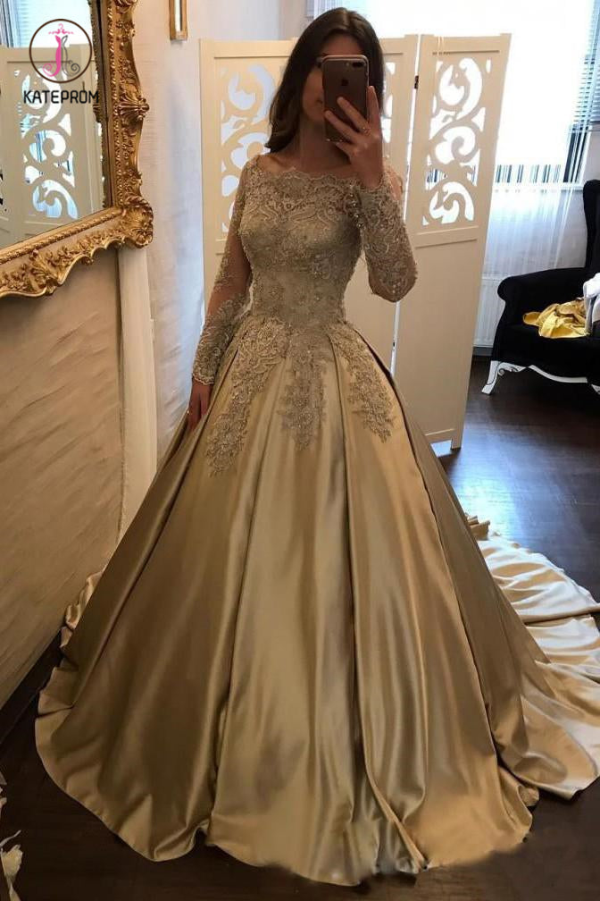 Chic Gold Off Shoulder Long Sleeve Ball Gown Appliques Satin Prom Dress KPP0642