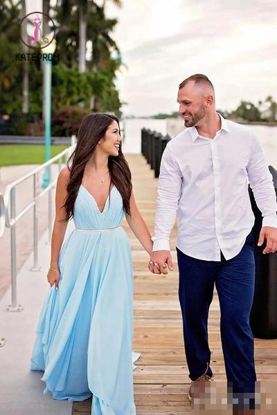 Sky Blue V Neck Prom Dresses, Sexy Backless Spaghetti Straps Pleated Long Formal Dress KPP0959