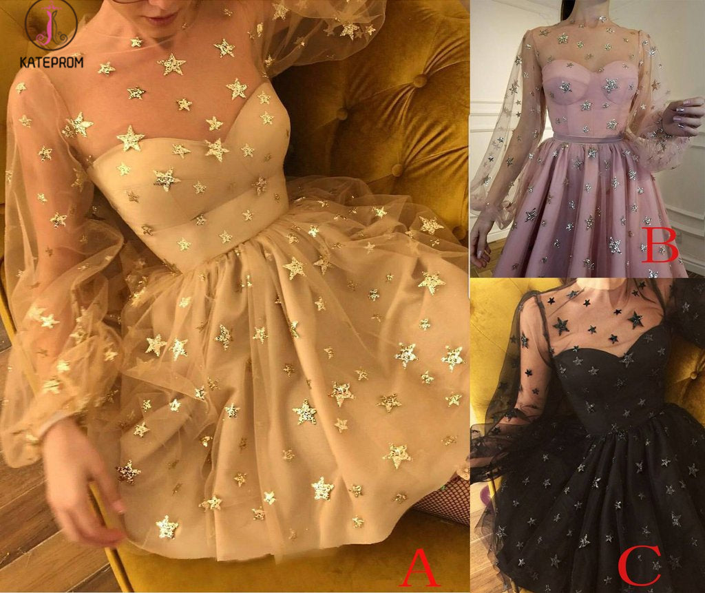 Sparkly Long Sleeve Short Party Dress, Unique Sheer Neck Mini Homecoming Dress KPH0455