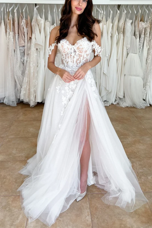 Off Shoulder White Lace Long Prom Dress with High Slit, Ivory Lace Formal Evening Dress KPP1723