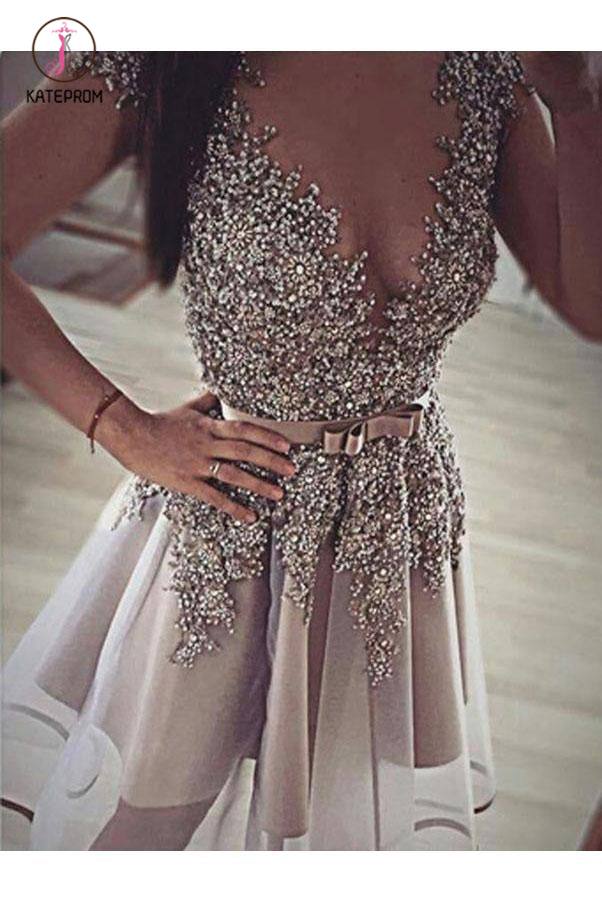 Short Cap Sleeves Sheer Neck Beading Homecoming Dress, Short Prom Dress KPH0319