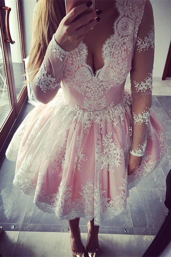 Cute A line Long Sleeves Pink Short Lace Appliques V Neck Homecoming Dress KPH0570