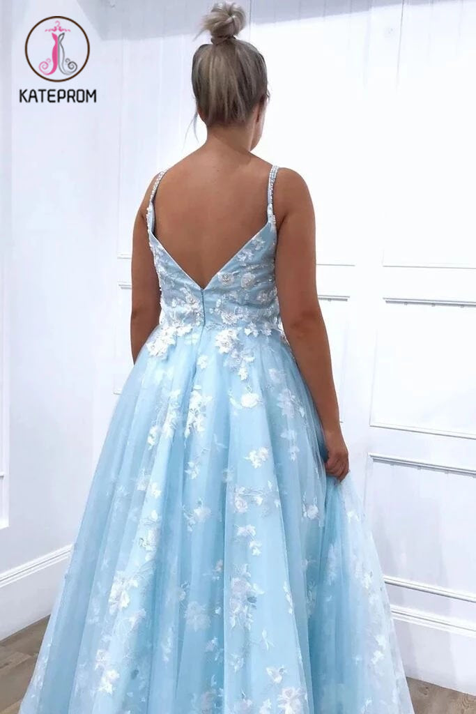 Blue Exquistie Lace Appliques Tulle A-Line Long Prom/Evening Dress KPP1128