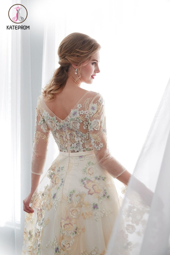 A Line Floor Length Floral Prom Dresses 3/4 Sleeves A-line Empire Waist Long Evening Gowns KPP1055