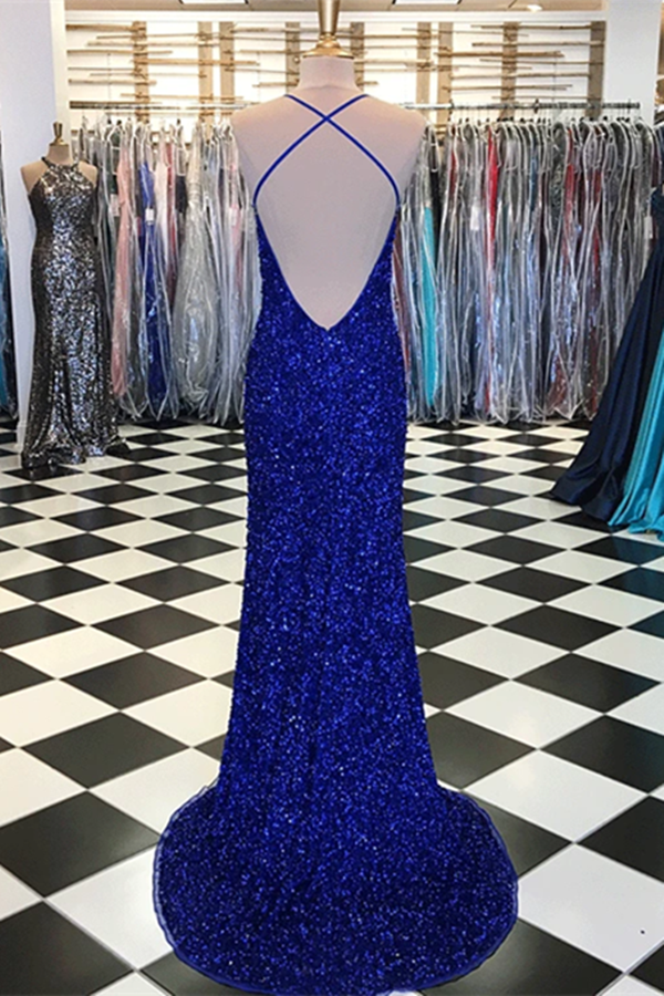 Sparkly Prom Dresses with Slit Sheath Short Train Long Royal Blue Prom Dress KPP1373