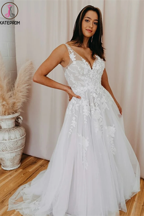 A-line V Neck Soft Tulle Lace Appliques Romantic Wedding Dress KPW0607