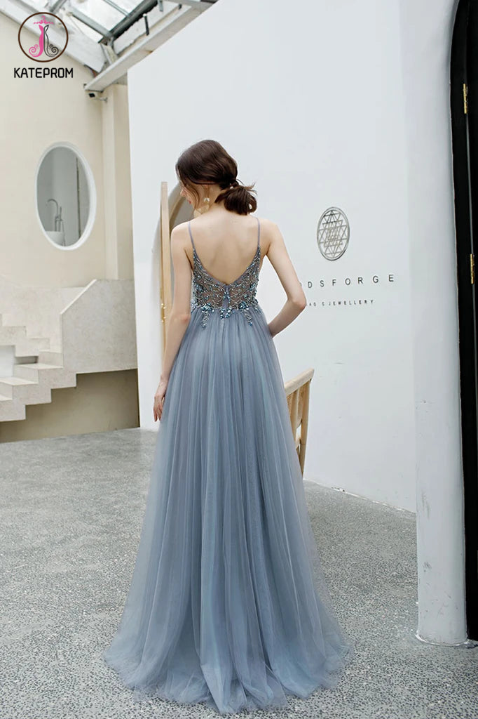 A Line Spaghetti Straps Tulle Prom Dress with Side Slit, Long Evening Dress with Beads KPP1295