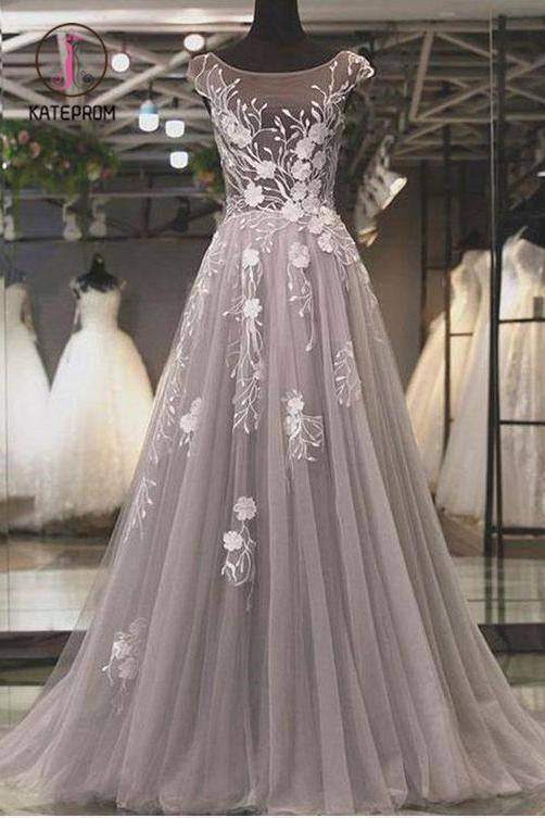 Puffy Cap Sleeves Tulle Prom Dress with Lace Appliques, A Line Long Formal Dresses KPP0924