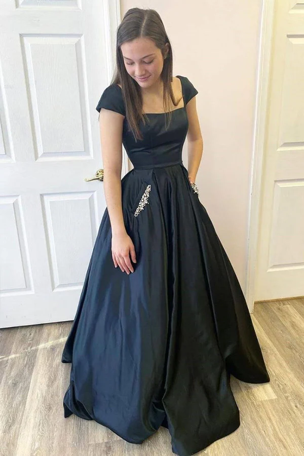 Black A Line Satin Open Black Cap Sleeves Long Prom Dresses KPP1694
