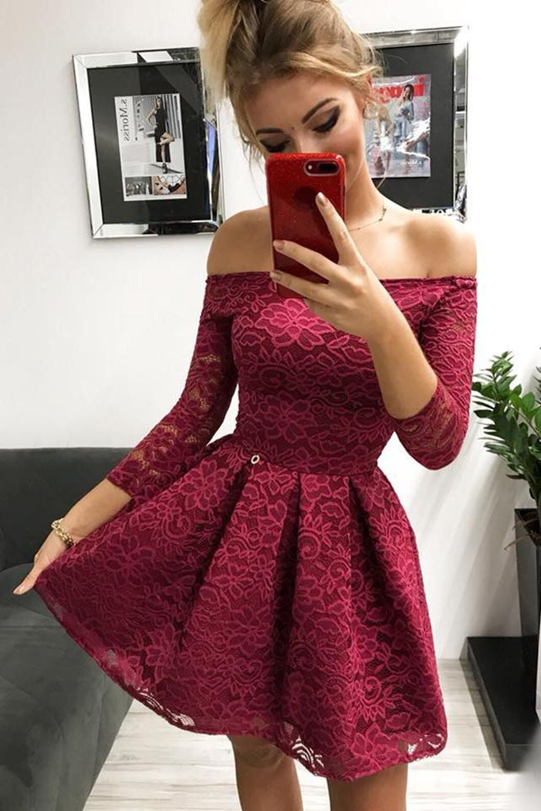 Cute Off the Shoulder Long Sleeves Burgundy Lace Homecoming Dresses Sweet 16 Dresses KPH0572