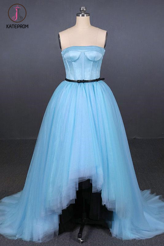 Light Blue High Low Strapless Tulle Prom Dresses, Hi-Lo Tulle Evening Dresses KPP1094