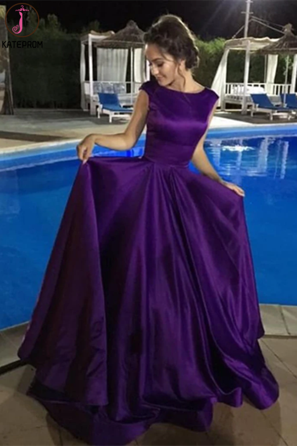 Chic A-line Bateau Regency Satin Simple Long Prom Dress Evening Dress KPP1332