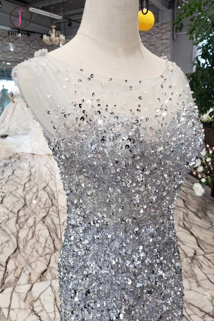 Gorgeous Mermaid Tulle Prom Dress with Sequins, Sparkly Sleeveless Evening Dresses KPP0858