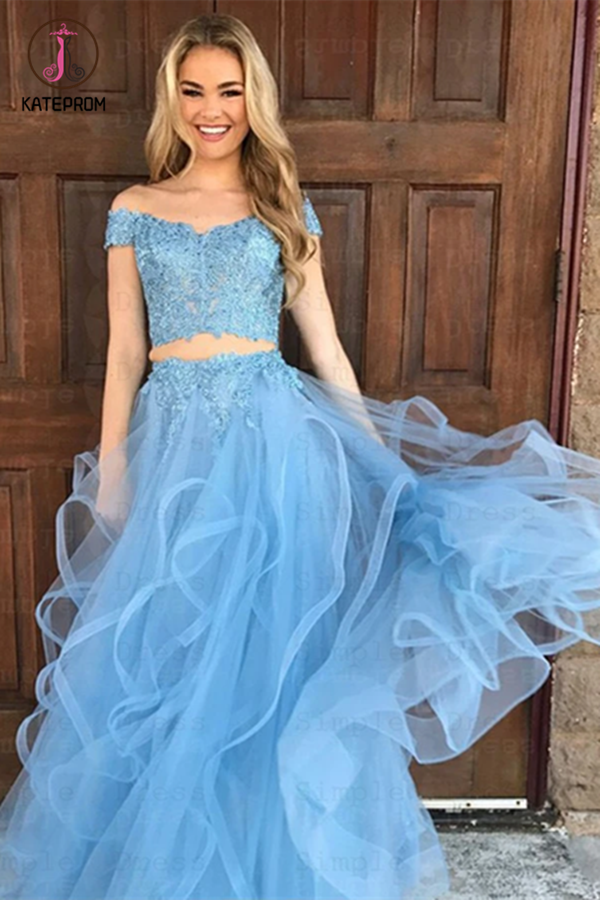 Sky Blue Tulle Two Piece Off the Shoulder Prom Dresses with Appliques KPP1353