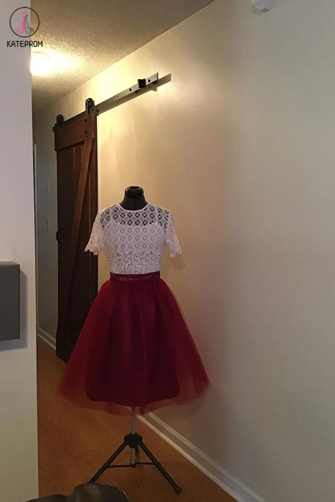 Burgundy Short Homecoming Dress with Top Lace, Cute Short Prom Dress with Lace KPH0502