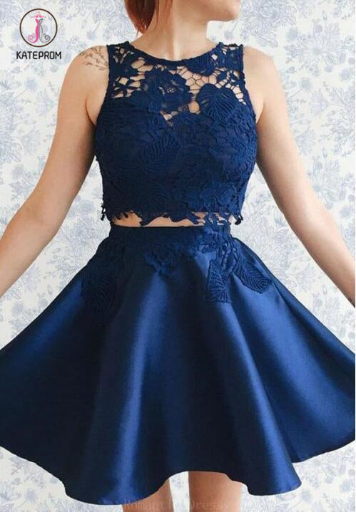 Two Piece Dark Blue Sleeveless Satin Short Homecoming Dress with Lace Appliques KPH0285