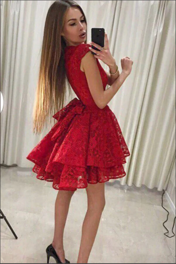 Cute Red Round Neck A line Cap Sleeves Lace Short Homecoming Dresses KPH0653