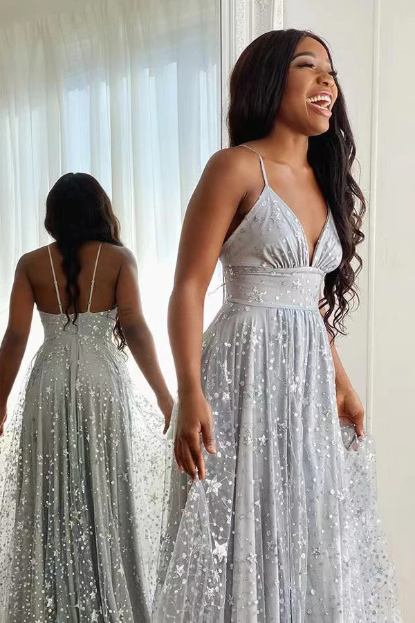Silver Tulle Spaghetti Straps V Neck Long Prom Dress With Slit, Evening Gown KPP1604