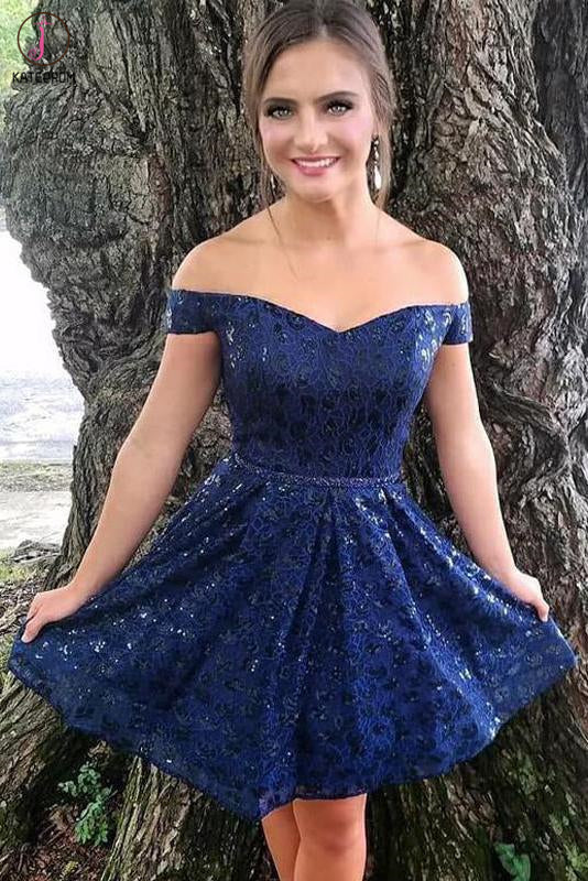 Dark Blue Off the Shoulder Lace Homecoming Dresses, Sexy Lace Short Prom Dress KPH0515