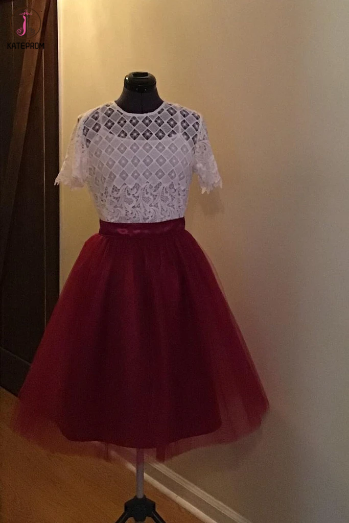 Burgundy Short Homecoming Dress with Top Lace, Cute Short Prom Dress with Lace KPH0502
