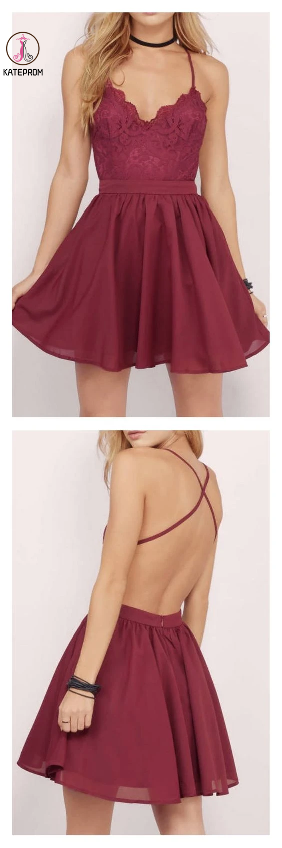 Burgundy Homecoming Dress Spaghetti Straps A-line Lace Short Prom Dress Party Dress KPH0547