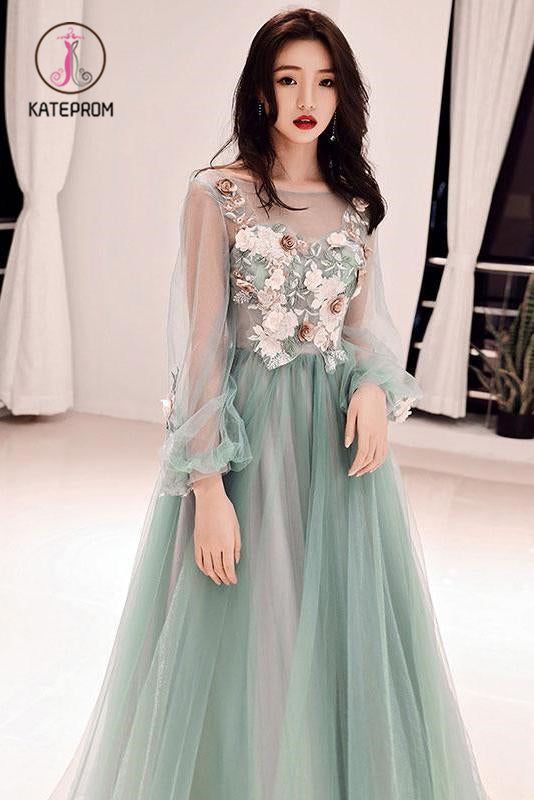 Charming Long Sleeves Tulle Prom Dress with Flowers, A Line Floor Length Party Dress KPP0937