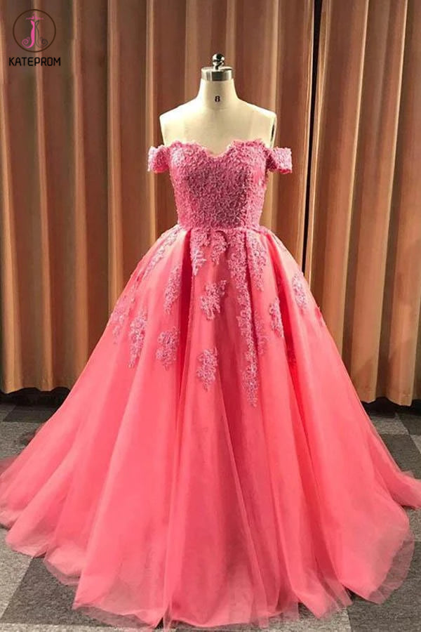 Ball Gown Sweetheart Cap Sleeve Lace Appliques Prom Dress KPP1258