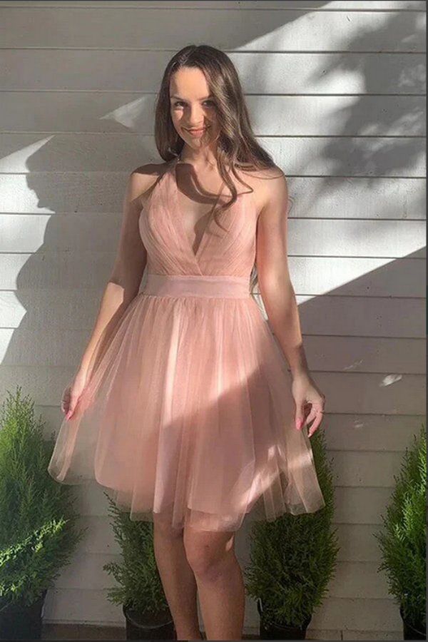 Pink A line Tulle Halter Backless Homecoming Dresses, Short Prom Dresses KPH0665