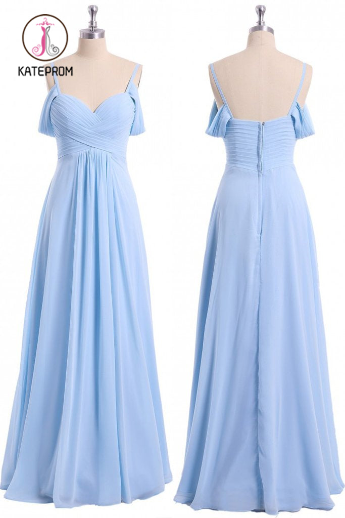 Light Sky Blue Off Shoulder Spaghetti Strap Chiffon Dresses, Floor Length Formal Dress KPP0989