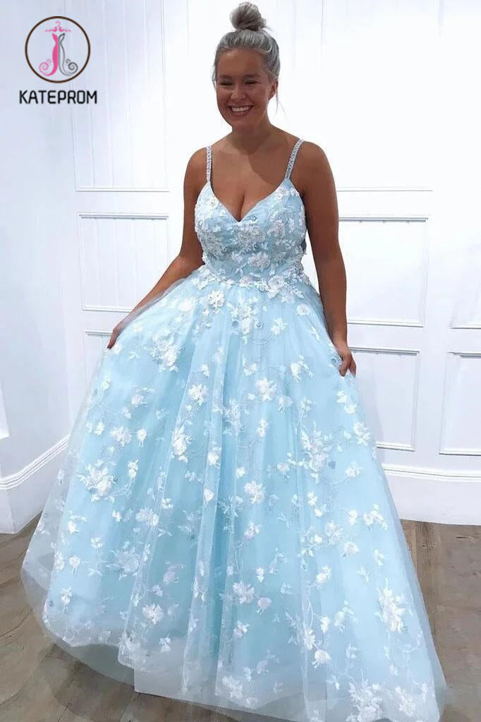 Blue Exquistie Lace Appliques Tulle A-Line Long Prom/Evening Dress KPP1128