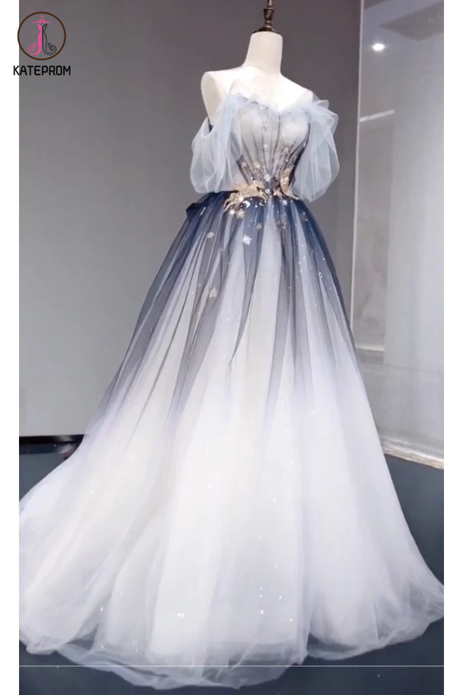 A Line Off the Shoulder Ombre Prom Dress, Long Tulle Prom Dress with Saprkles KPP1288