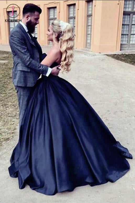 Navy Blue Ball Gown Sweetheart Prom Dress, Princess Satin Strapless Long Prom Gown KPP0809