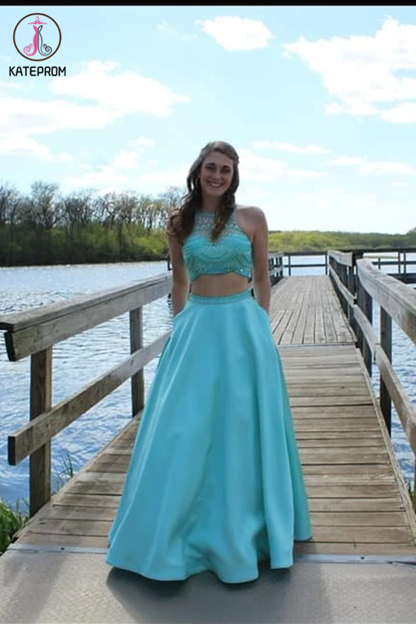 Beauty 2 Pieces Beading Long A line Floor Length Prom Dresses For Teens KPP1336