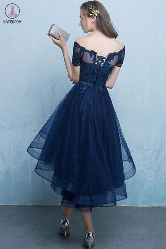 Dark Blue Off the Shoulder Tulle Homecoming Dress with Lace Appliques, High Low Dress KPH0506