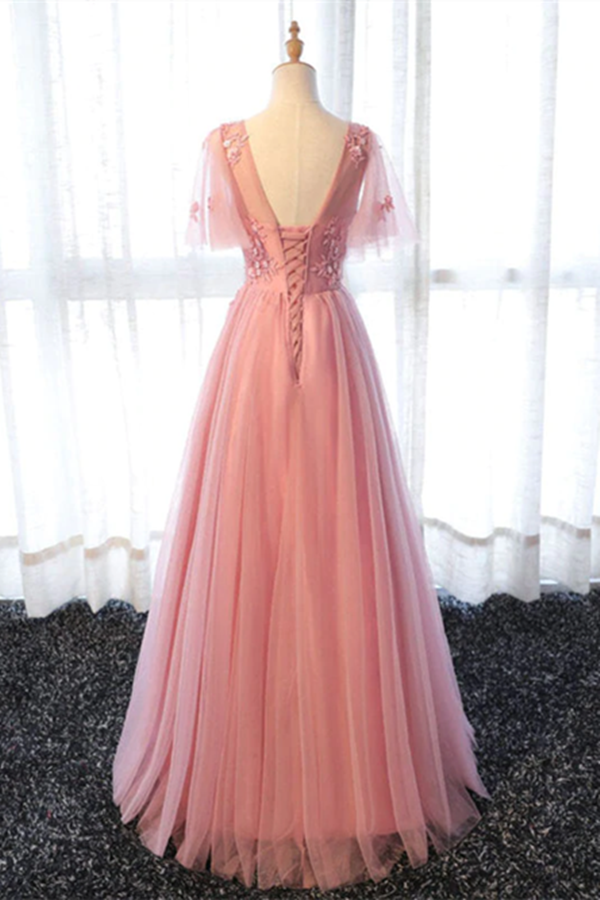 Chic A line Scoop Long Pink Tulle Prom Dress Applique Evening Party Dresses KPP1575