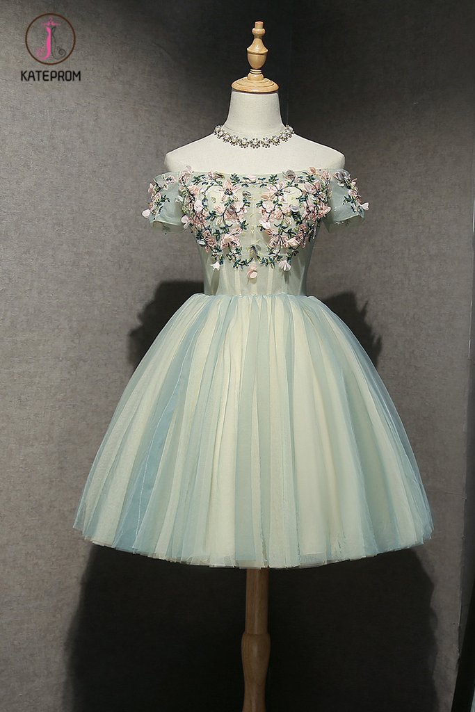 Cute Off the Shoulder Tulle Homecoming Dress, Light Green Short Prom Dress with Flowers KPH0333