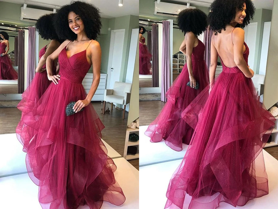 Shiny V Neck Backless Burgundy Prom Dress, Backless Maroon Formal Evening Dress KPP1460