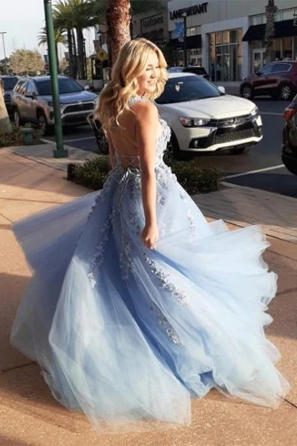 Sky Blue A Line Elegant Backless Floral Lace Long Prom Dress KPP1595