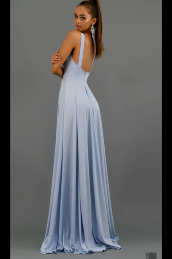 Deep V Neck Blue Long Prom Dresses Simple Bridesmaid Dresses KPB0198