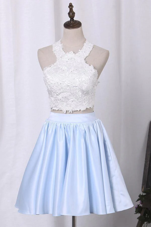 Two Piece Scoop Homecoming Dresses A Line Satin With Applique KPH0697