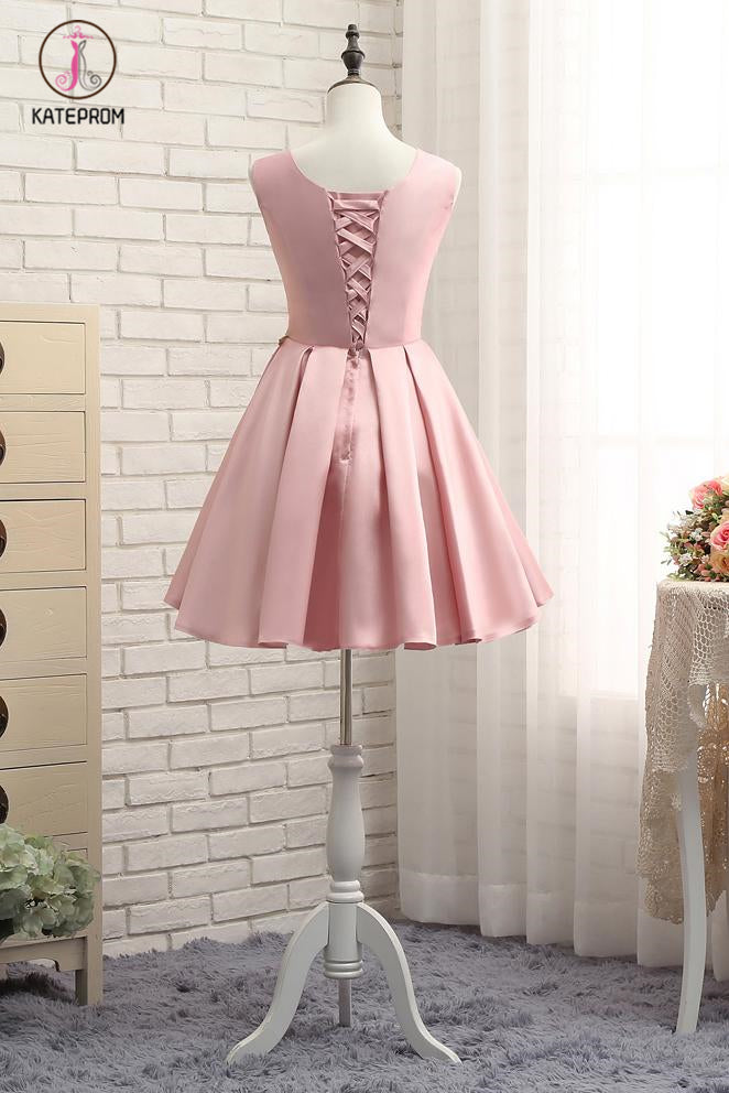 Pink A Line Sleeveless Ruched Homecoming Dress with Gold Appliques, Short Prom Dress KPH0357
