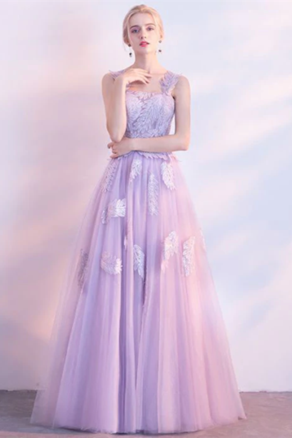 Chic Lilac Prom Dress A line Applique Modest Long Prom Dress Evening Dress KPP1613