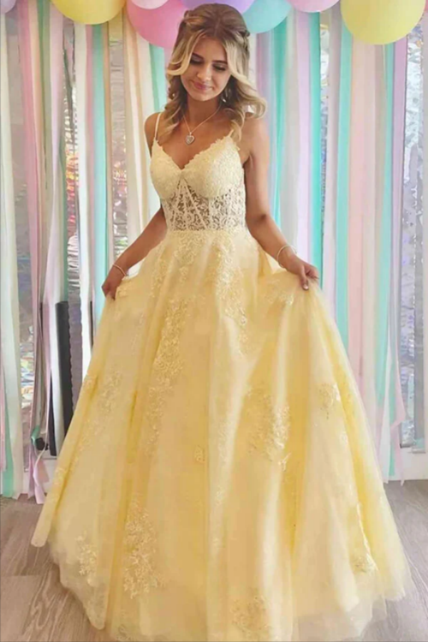 Yellow A Line Lace Appliques Spaghetti Straps Prom Dresses, Evening Gown KPP1660