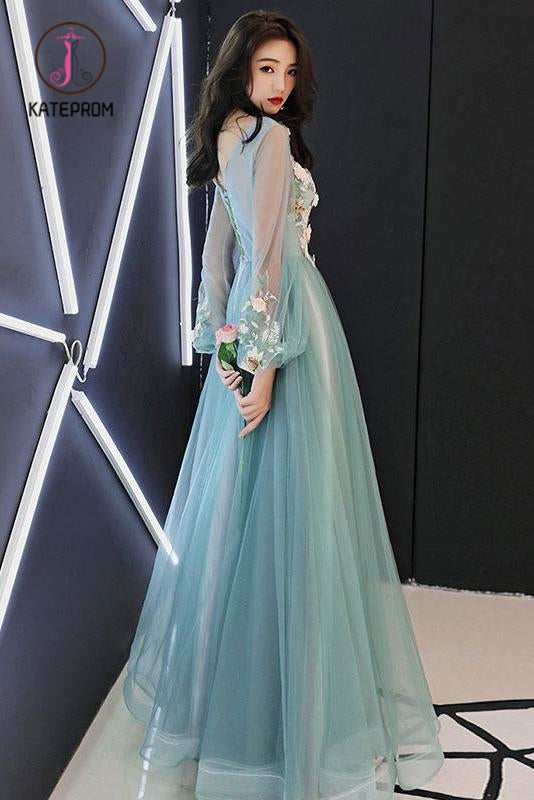 Charming Long Sleeves Tulle Prom Dress with Flowers, A Line Floor Length Party Dress KPP0937