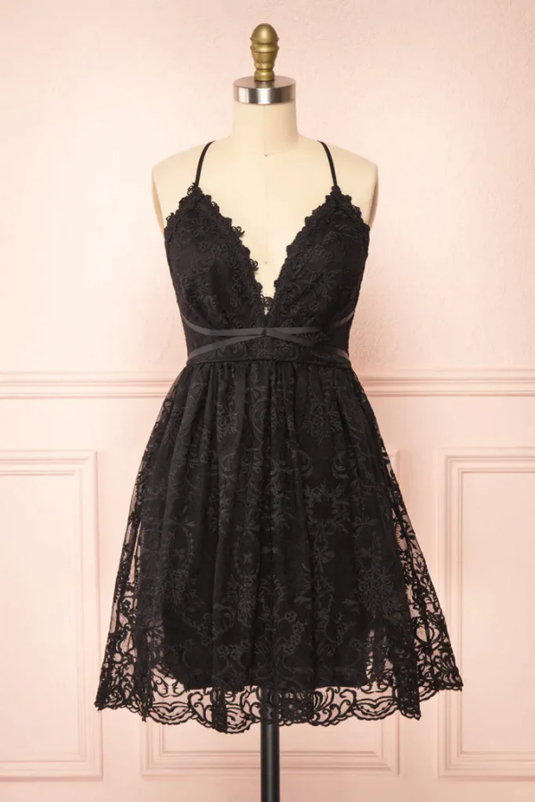 Black Lace Straps A-line Short Party Dress Lace Homecoming Dresses KPH0649